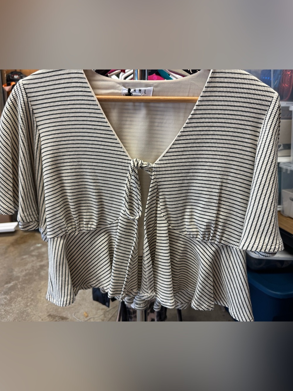 Striped Tie-Front Peplum Blouse - Black & White size small